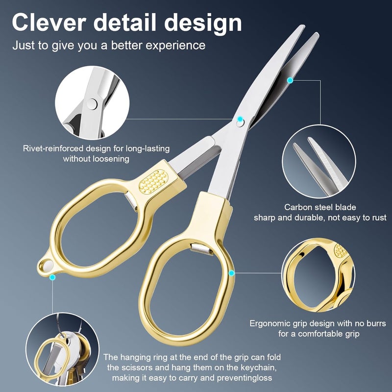 BSADIY 2 Pcs Folding Stainless Steel Portable Mini Small Travel Scissors, Safety Foldable Pocket Badge Nursing Scissors with 2 Keychain for Travel, Home, Office, Craft, Sewing (Gold) - Image 3